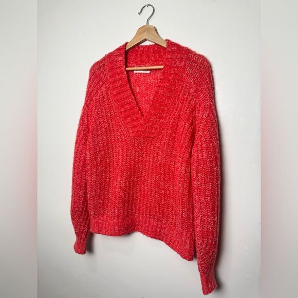 Anthropologie Womens Honore Wool Blend Ribbed V-Neck Sweater Size S red pink - Picture 6 of 16
